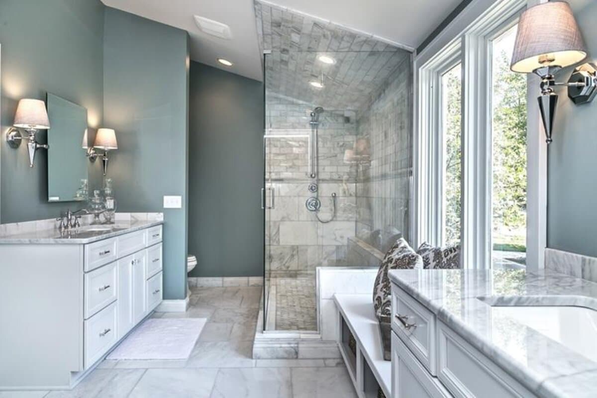 Completed bathroom renovation with modern fixtures and updated design