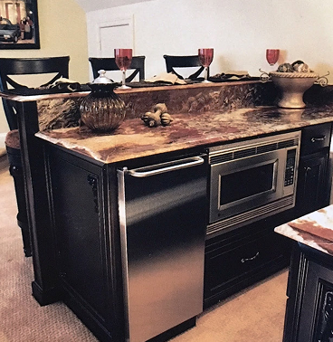 A marble-top counter in a kitchen