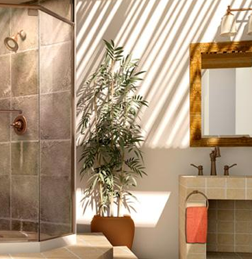 A tall plant sits in a dark brown pot inside of a bathroom